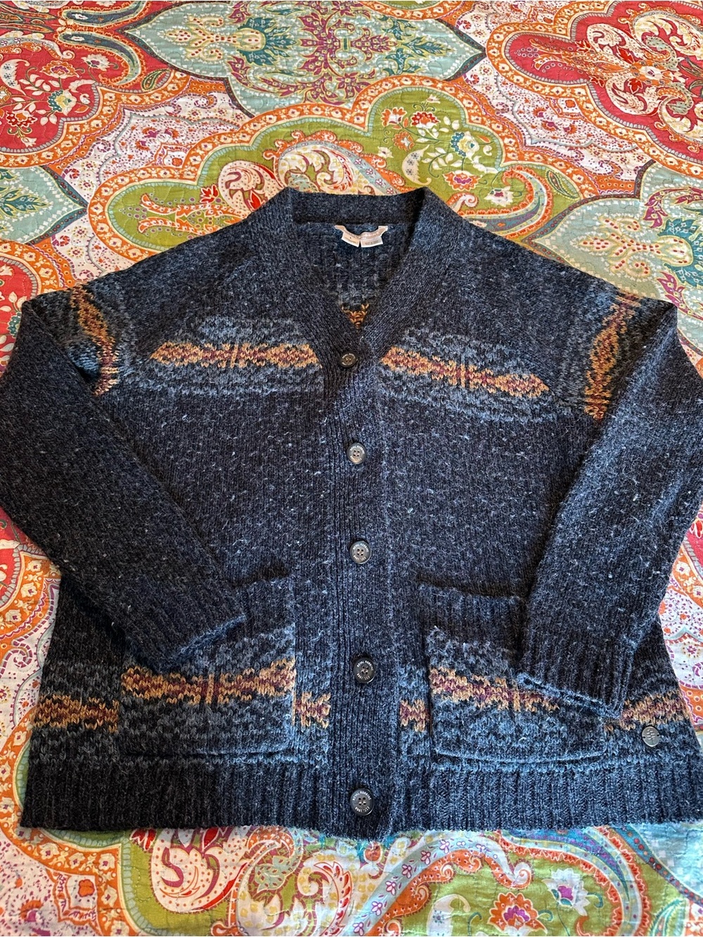 Royal Robbins Navy Cardigan with Tan and Rust Fair Isle Detail